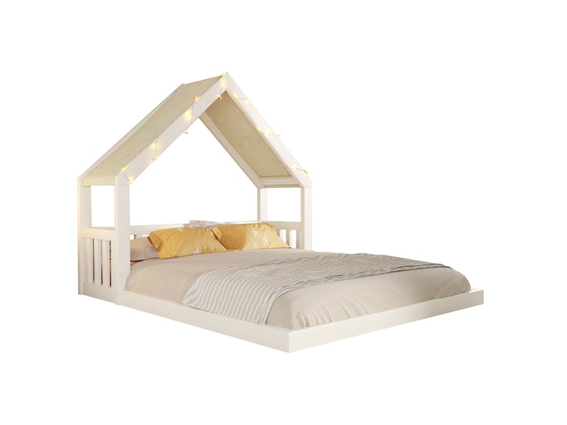  Lit cabane 140x200 cm toit textile guirlande lumineuse, sommier à lattes, mdf et pin, blanc sans matelas  - Conforama A