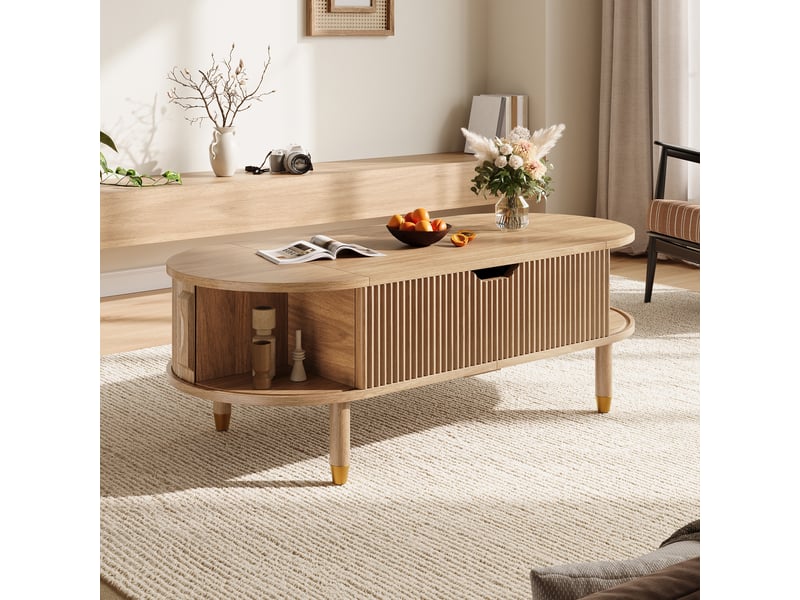  Table basse de salon ovale 110x48x57 cm - plateau relevable hydraulique - rangement caché - 2 portes coulissantes - mdf - bois naturel CozyNest - Conforama E