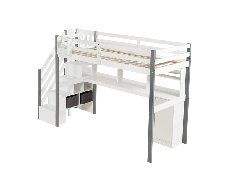  Lit mezzanine enfant 90x200 cm – blanc et gris – bureau, rangements et échelle latérale – sans matelas  - Conforama D