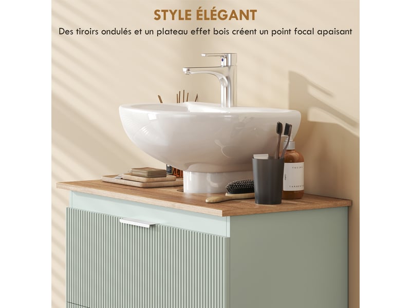  Meuble sous lavabo, meuble de salle de bain avec 2 tiroirs, 80 x 40 x 60 cm, style moderne, vert et bois naturel  - Conforama A