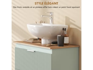 Meuble sous lavabo, meuble de salle de bain avec 2 tiroirs, 80 x 40 x 60 cm, style moderne, vert et bois naturel