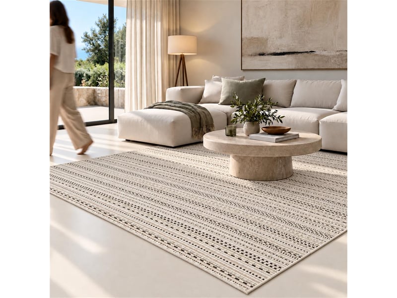  The white stone tapis extérieur à rayures 200x290 cm blanc glacier | pour intérieur et extérieur, résistant aux uv et à l'eau, lavable | tapis en polypropylène tissé à plat effet sisal  - Conforama E