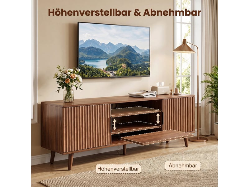  Meuble tv 138x39 cm,2 portes rainurées,niche ouverte,2 passe-câbles,5 pieds en bois,style rétro,panneaux de bois,effet noyer  - Conforama D