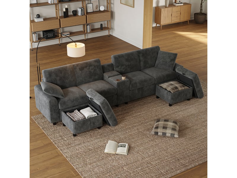  Canapé d'angle en u canapé modulable 4 places en velours côtelé avec 2 poufs de rangements 2 porte-gobelets ports usb, gris  - Conforama B