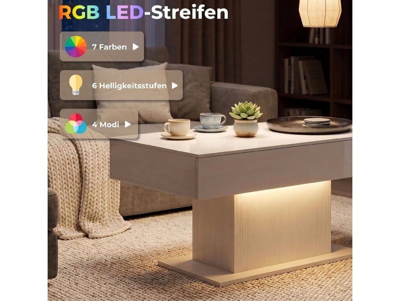  Table basse avec 2 tiroirs, led rgb et télécommande, finition blanche brillante moderne pour salon 108 × 48 × 55 cm  - Conforama E