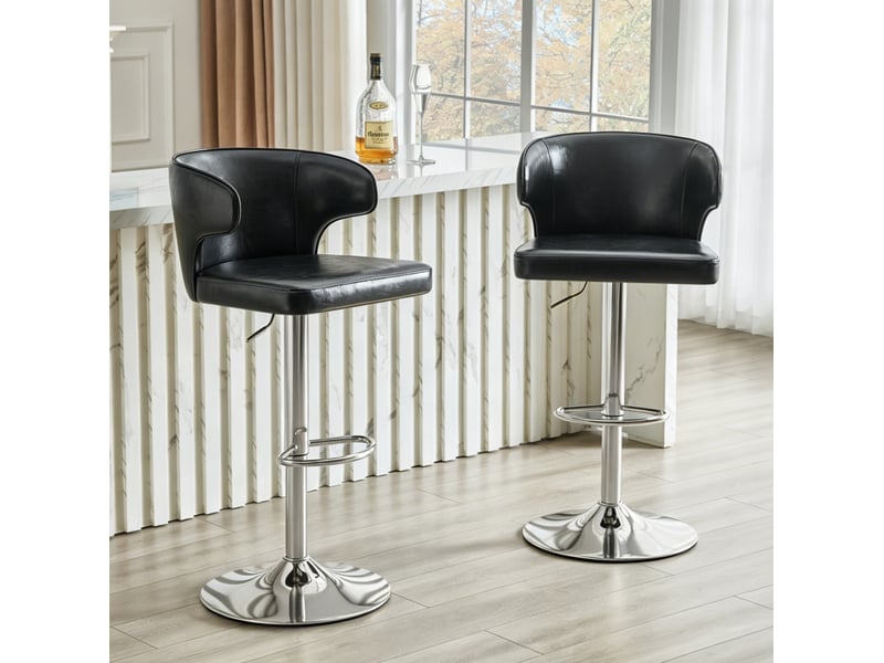  Tabouret de bar pivotant avec dossier, hauteur réglable, assise large et repose-pieds, en pu noir  - Conforama B