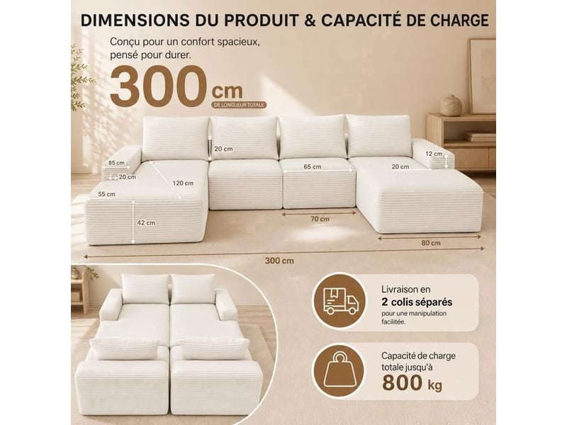  Canapé d'angle modulable 4 places avec méridienne, velours côtelé beige, design moderne pour salon élégant  - Conforama D