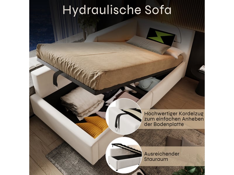  Lit de jour 90x200 avec coffre hydraulique, lit banquette velours beige avec port usb-c et lampe de lecture, cadre en fer  - Conforama D