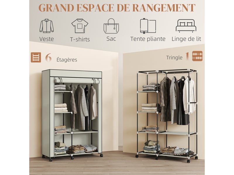  Armoire penderie en tissu meuble de rangement 6 roulettes tringle à vêtements et étagères ouvertes 103x43x162,5cm crème  - Conforama E