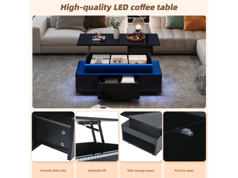  Table basse, à plateau relevable, avec éclairage led, avec 1 tiroir, 96 x 45 x h 40–55 cm, noir, rangement pratique, finition brillante, pour le salon Luxe haut de gamme - Conforama D