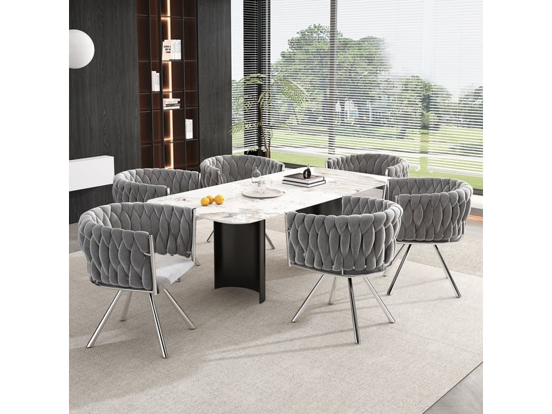 Lot de 6 chaises pivotantes en velours gris avec base argentée et pieds métalliques, style luxueux - Conforama E