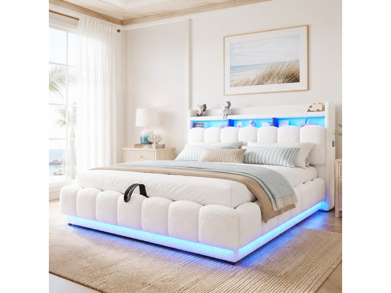  Lit coffre modenvie 180 x 200 cm avec led, usb et rangement hydraulique, blanc  - Conforama E