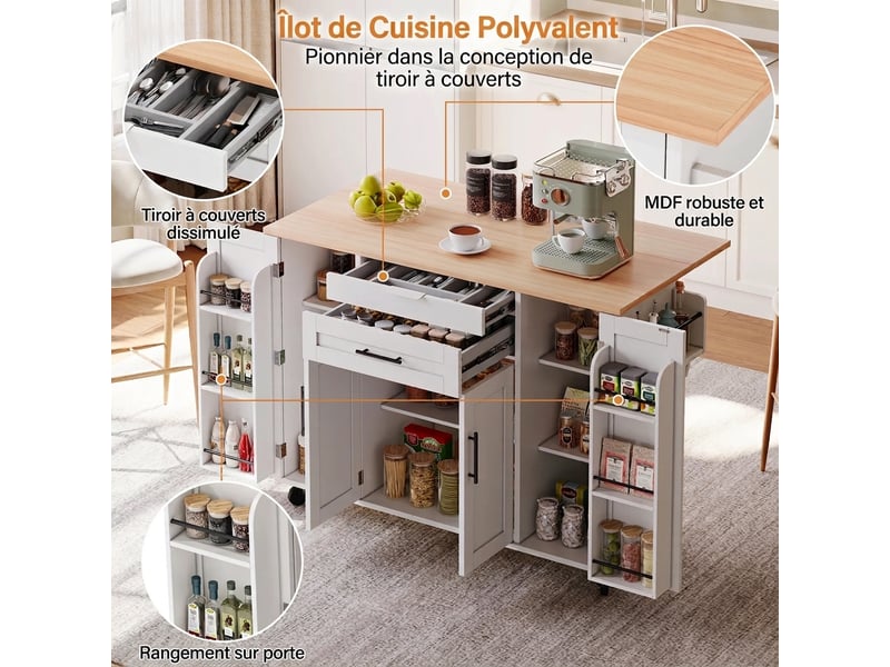  Îlot de cuisine sur roulettes avec plan de travail extensible 136cm  - Conforama C