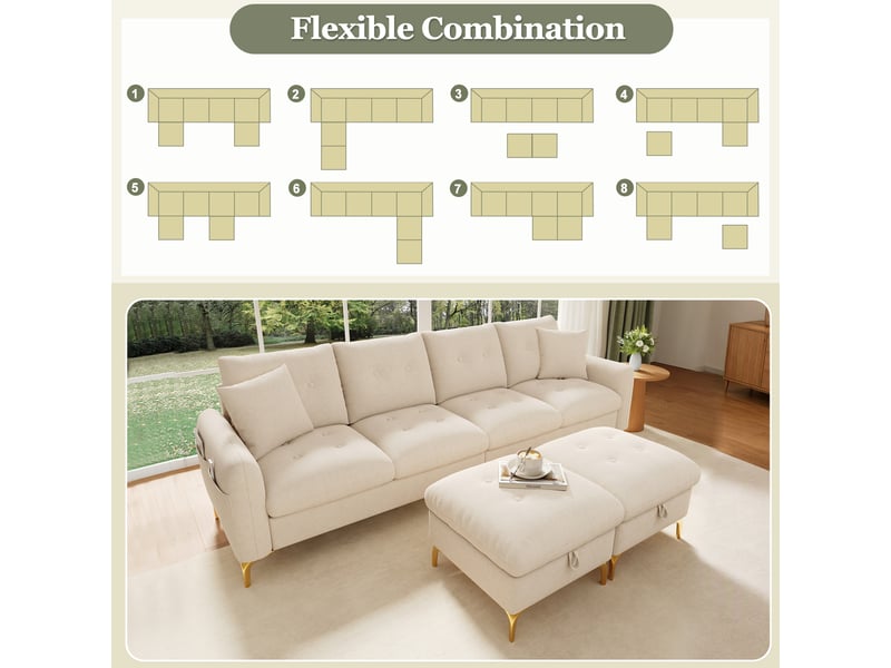 Canapé modulable en u 4 places avec 2 poufs de rangement, poche latérale et capitonnage en chenille beige - Conforama E
