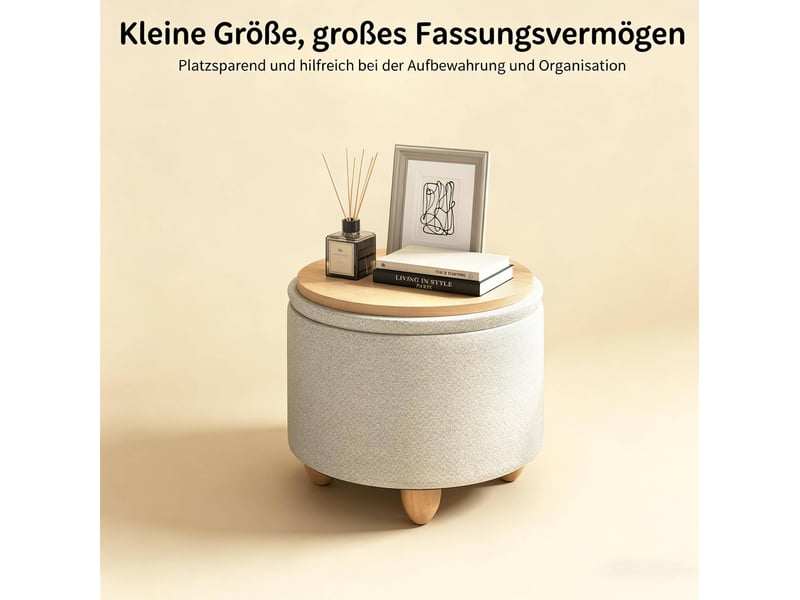  Pouf de rangement rond 39x39x33 cm blanc crème en lin avec plateau réversible et pieds en bois  - Conforama E