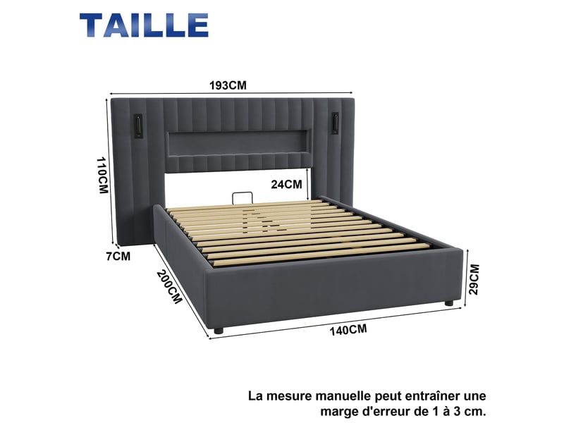  Lit coffre hydraulique 140×200 cm avec liseuses et recharge usb en velours gris foncé  - Conforama E