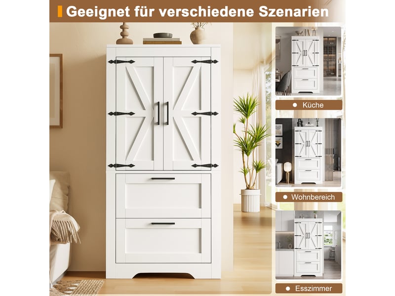  Buffet haut 60x30x128 cm blanc, meuble rangement cuisine avec 2 tiroirs et étagères ajustables, style campagne moderne  - Conforama E