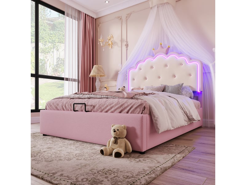 Lit princesse 140x200 cm avec rangement hydraulique, sommier à lattes inclus, led, simili-cuir rose - sans matelas - Conforama B