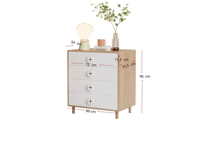  Commode de rangement à 4 tiroirs 80 x 54 x 90 cm en mdf blanc et bois naturel  - Conforama C