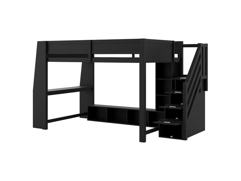  Lit mezzanine 140x200 cm noir en bois avec bureau rangement led escalier rangement  - Conforama E
