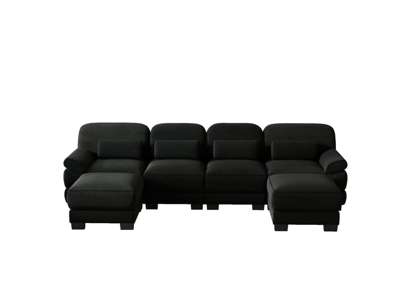  Canapé modulable u 4 places en velours côtelé noir avec 2 ottomans et assise profonde  - Conforama A