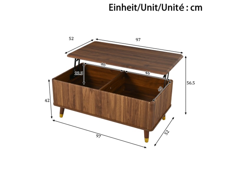 Table basse moderne rétro réglable en hauteur - effet noyer, structure ondulée, pieds bois, rangement multifonction - Conforama C