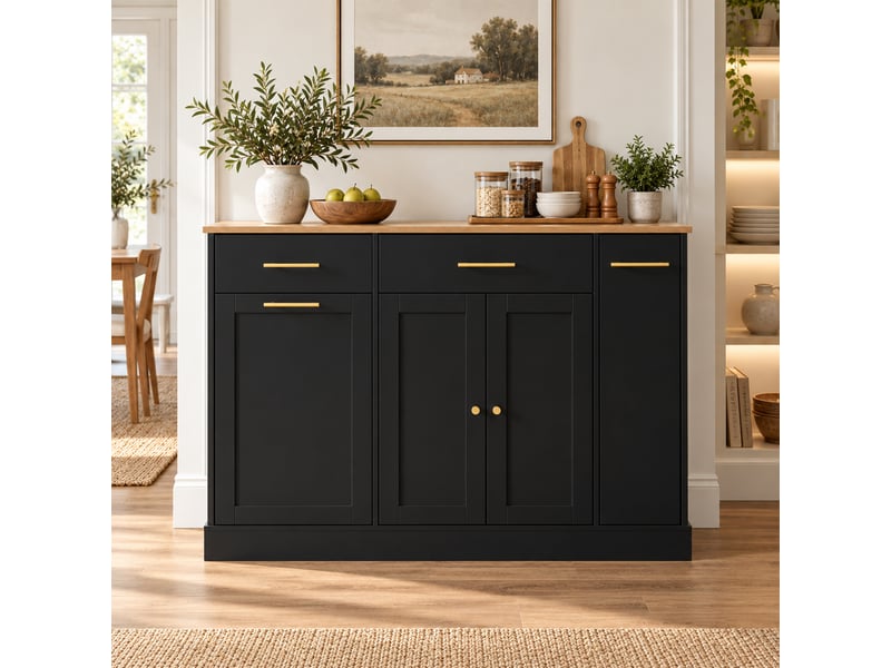  Îlot de cuisine noir et naturel 120 cm, plateau rabattable, 3 tiroirs, poubelle  - Conforama B