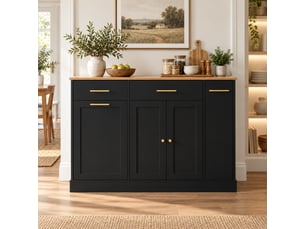 Îlot de cuisine noir et naturel 120 cm, plateau rabattable, 3 tiroirs, poubelle