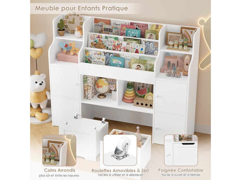  Meuble de rangement enfant bibliothèque enfant 122x30x100cm blanc  - Conforama D