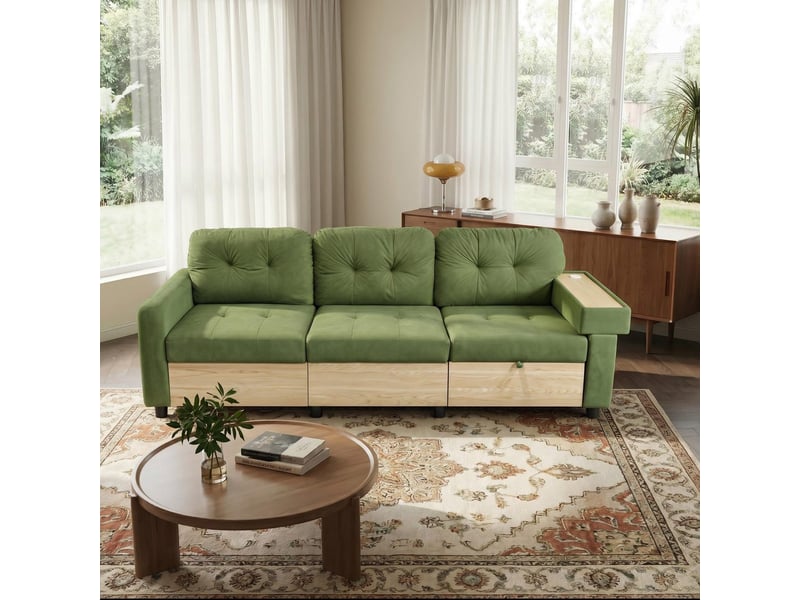  Canapé d'angle 3 places, méridienne, port usb, rangement, accoudoir plateau bois, velours vert, sans montage DA001-SOFA-GREEN-L - Conforama E