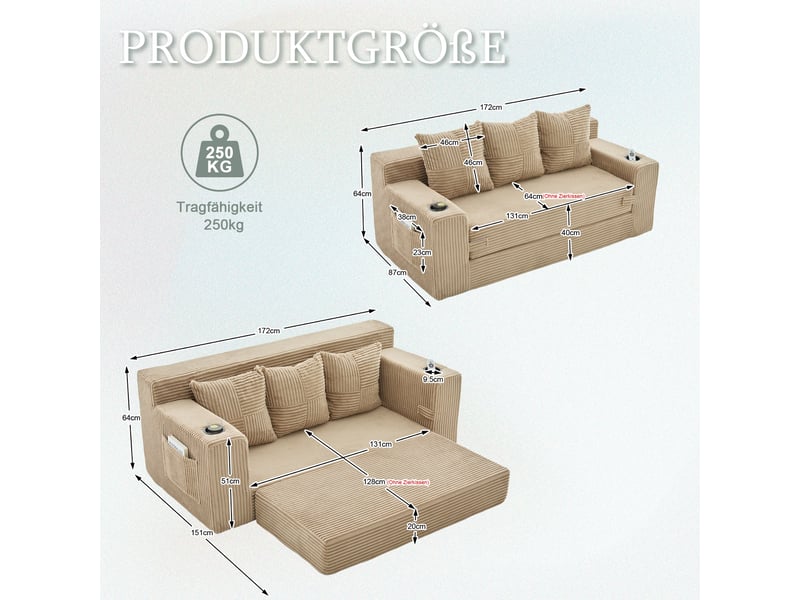  Canapé trois places avec porte-gobelets et poches latérales, design sans cadre, larges assises - kaki  - Conforama C