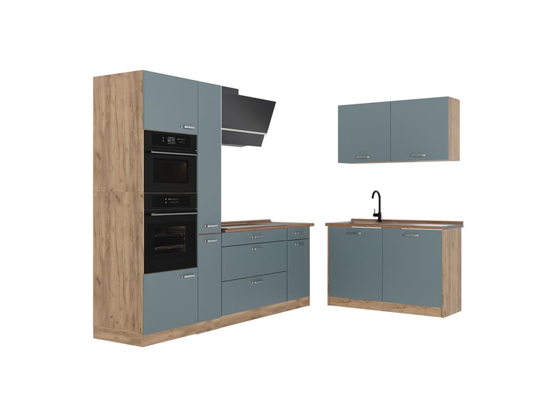  Vicco cuisine en angle, bleu-grischêne doré, 230 x 120 cm plan de travail chêne doré  - Conforama A