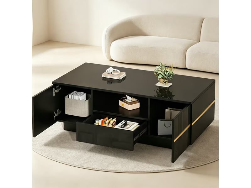  Table basse 100x50x35,5 cm avec éclairage led, 2 portes et 1 tiroir, mdf, couleur noir et doré, design moderne  - Conforama D