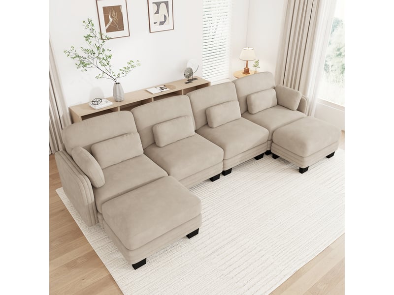  Canapé modulable en u - 4 places - 2 ottomans - assise profonde - tissu chenille - structure en bois massif - brun clair CozyNest - Conforama C