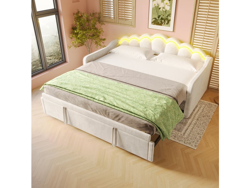  Lit gigogne canapé 90x200 cm fermé 180x200 cm ouvert, led multicolore, velours et mdf, beige, sans matelas  - Conforama B