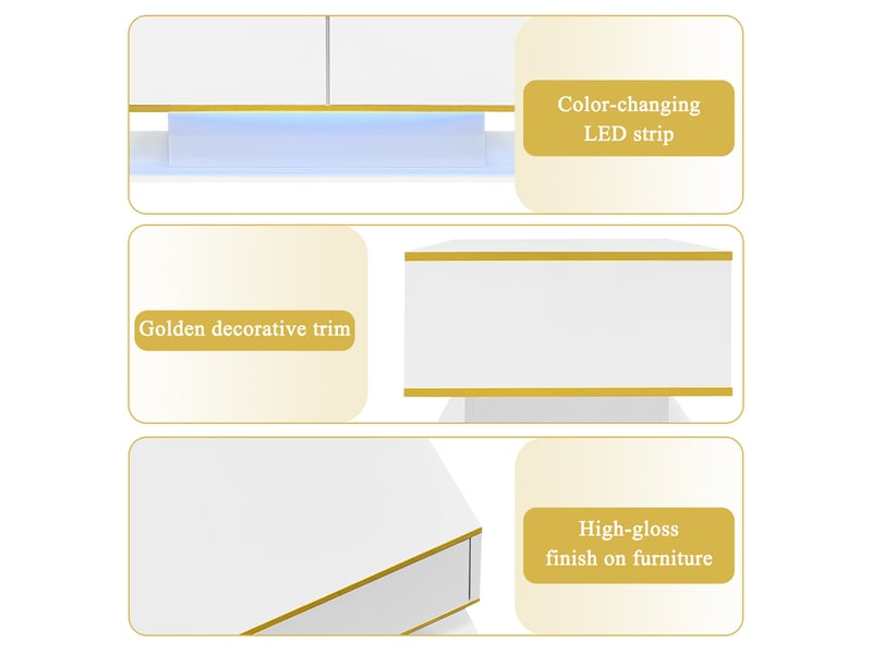  Table basse led moderne 100 cm, finition brillante, décor doré, 3 tiroirs, bandeau led usb, blanc  - Conforama D