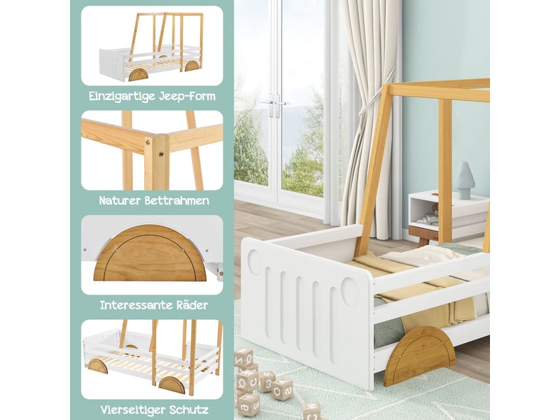  Lit voiture enfant avec roues en mdf, lit garcon avec cadre en pin, blanc + naturel (90x200cm)  - Conforama E