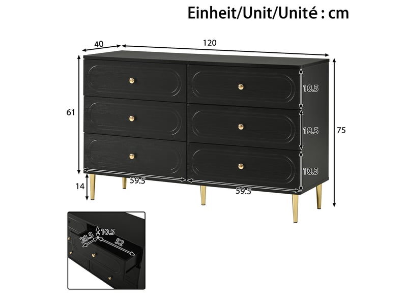  Commode avec 6 tiroirs et pieds en métal pour salon ou chambre en mdf 120×40×75 cm noire  - Conforama E