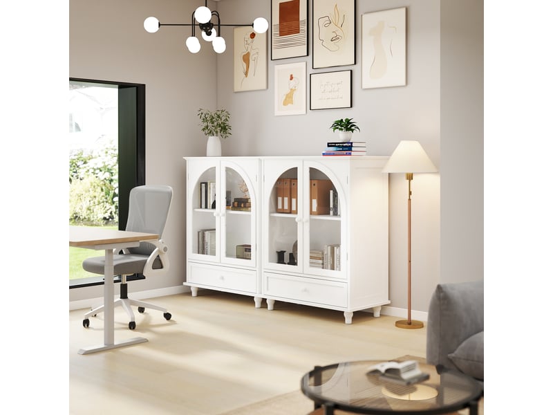  Buffet style campagne avec porte vitrée bombée, vaisselier blanc avec plan supérieur étagé et 1 tiroir pour cuisine, salon, coin café  - Conforama E