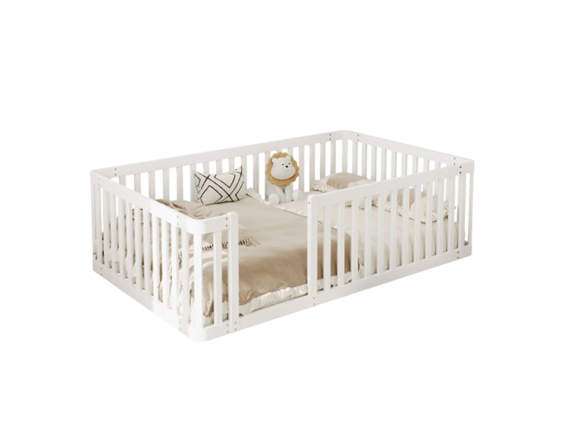  Lit enfant 90x200 cm avec barrière semi-fermée, entrée latérale, en bois, blanc  - Conforama A