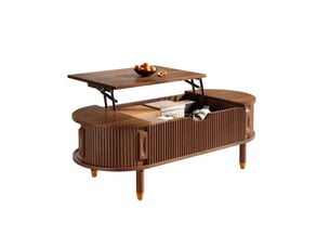 Table basse relevable 110x48x57cm, rangement intégré, porte coulissante rainurée, mdf, pieds en bois d’hévéa