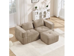 Canapé d'angle modulable 2 places avec pouf, assise profonde et base antidérapante en polyester sable