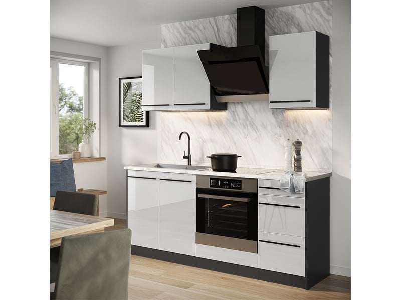  Vicco cuisine, blanc haute brillanceanthracite, 180cm plan de travail chêne doré  - Conforama C