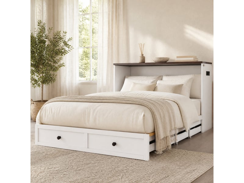 Lit escamotable 140 x 200 cm blanc avec tiroir, étagère, prise et usb - Conforama C