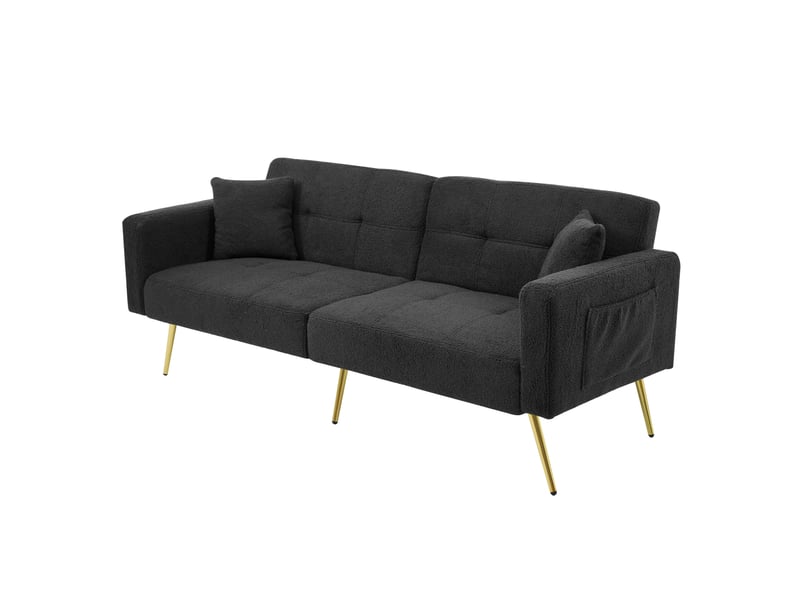 Canapé-lit convertible 2 places en tissu bouclé, dossier inclinable, avec coussins et poches latérales, pieds dorés - gris - Conforama A
