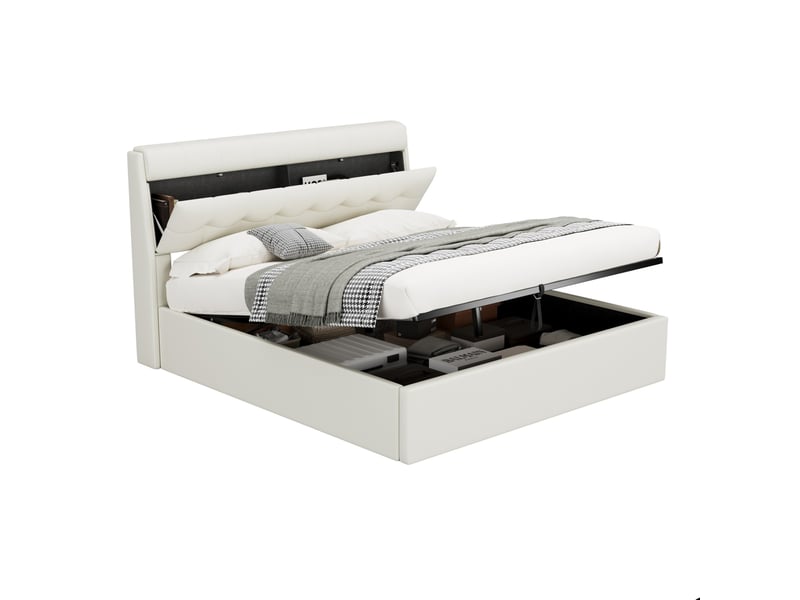  Lit coffre 160x200cm avec tête de lit de rangement, spacieux et confortable, design tendance, pu, blanc, sans matelas  - Conforama A