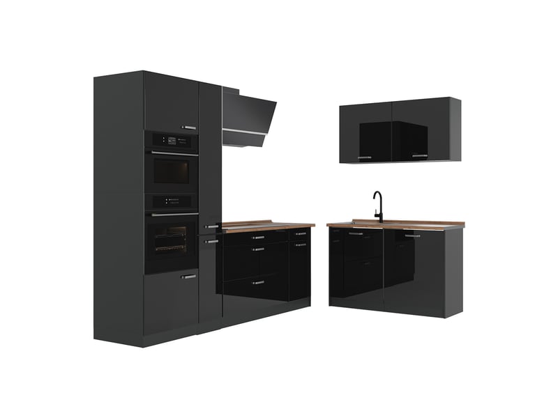  Vicco cuisine en angle, noir haute brillanceanthracite, 230 x 120 cm plan de travail chêne doré  - Conforama A