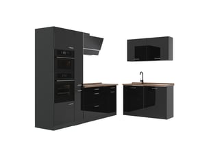 Vicco cuisine en angle, noir haute brillanceanthracite, 230 x 120 cm plan de travail chêne doré