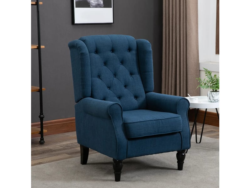 Fauteuil à oreilles rembourré avec dossier haut, accoudoirs arrondis et pieds en bois, en polyester bleu - Conforama B