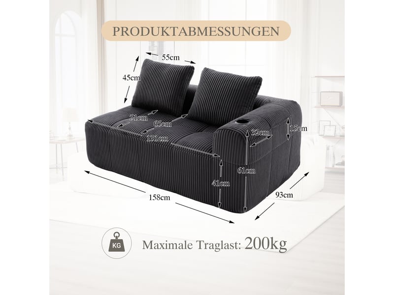  Canapé 2 places en velours côtelé gris foncé avec poches latérales et porte-gobelets  - Conforama E